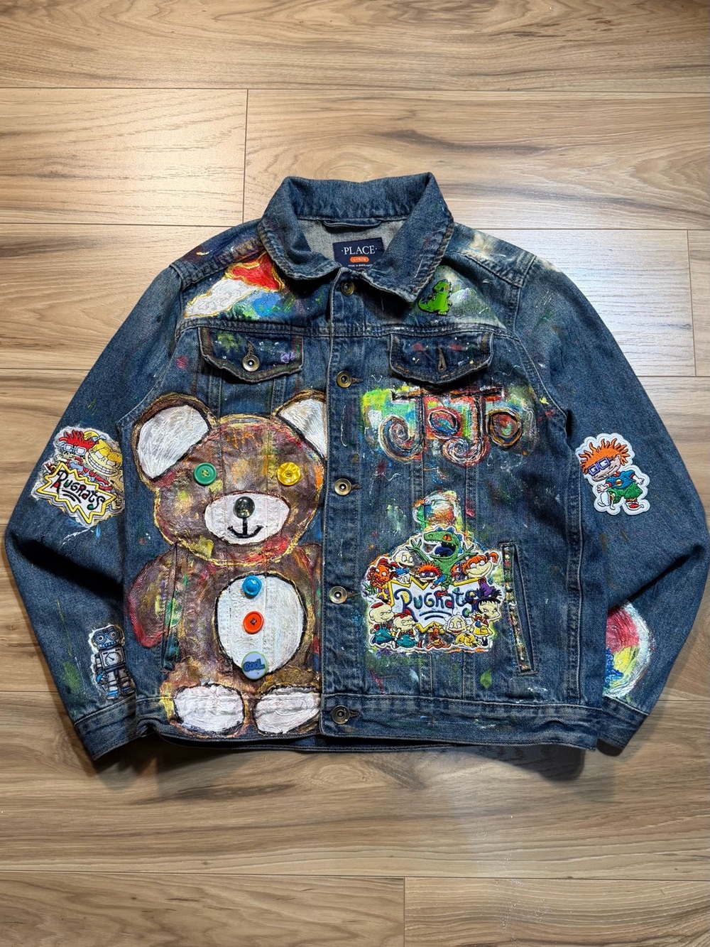 The Children's Place Denim Jacket with Painted Teddy & Patches - Blue